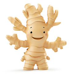 Ginger root cartoon character with a playful pose and spread arms, on a white background