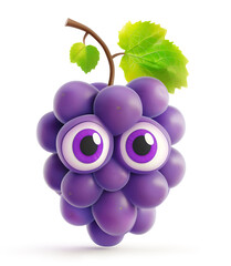 Grapes cartoon character with a green leaf on white background