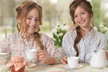 Portrait of two smiling little girls drinking tea at home