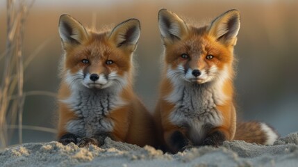 b'Two red foxes sitting on the sand'