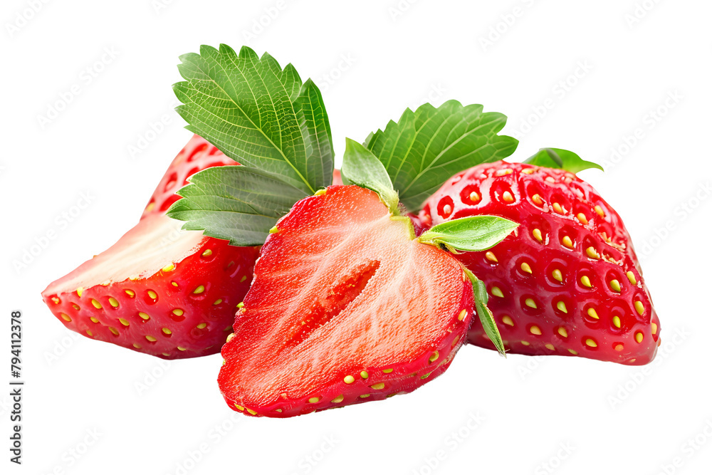 Wall mural strawberry and slice with leaf isolated on white