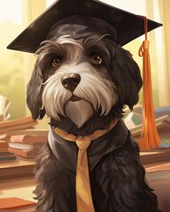 A photo of a dog in a graduation cap and gown.