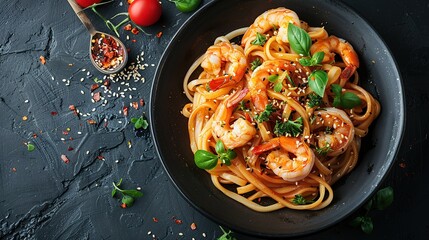Stir fry noodles with vegetables and shrimps in black bowl. Slate background. Top view. Copy space