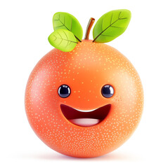 Cheerful grapefruit character with a beaming smile and green leaves, on a white background