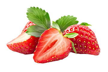 strawberry and slice with leaf isolated on white