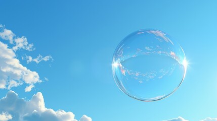 A single, perfectly round bubble floating in a clear blue sky, a minimalist and whimsical representation of serenity.  