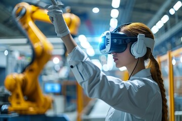 Fototapeta na wymiar Smart industry robot arms for digital factory production technology Engineer wearing virtual reality headset standing in the manufacturing factory. Moving hand and looking around the data