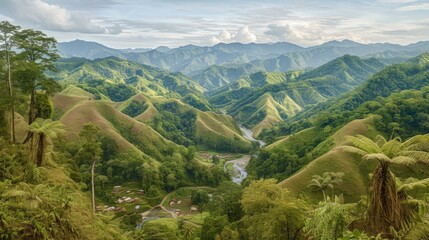 Obraz premium b'An aerial view of a lush green valley with a river running through it'