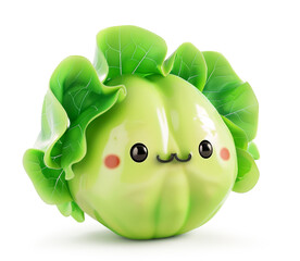 Cartoon cabbage character with a shy smile and lush leaves on a white background