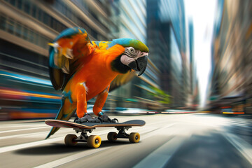 A parrot skateboarder rushing down a city street: a dynamic, colorful depiction of a bird in motion, creating a sense of speed and freedom. - 794113191