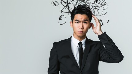 Man with Chaotic Thought Bubbles