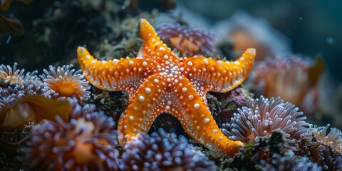 b'An orange starfish on a bed of purple and blue anemones'