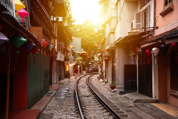 Train street in Hanoi, Vietnam. Famous landmark and tourism destination - 794113354