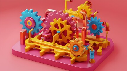 Whimsical Mechanical Device: A Vibrant Isometric 3D Render of Colorful Gears and Levers - obrazy, fototapety, plakaty
