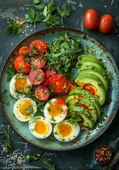 b'Healthy avocado and egg salad with cherry tomatoes'