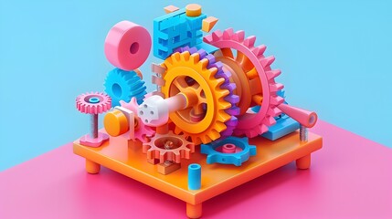 Vibrant Isometric Render of a Whimsical Mechanical Device Brimming with Gears and Levers
