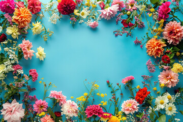 Vibrant circular arrangement of colorful flowers on blue background with space for text