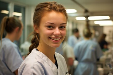 b'Portrait of a smiling young female nurse in a hospital setting'