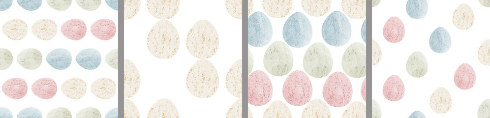 Watercolor set of seamless patterns. Collection of hand drawn pastel Easter eggs