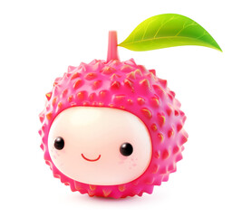 Cute lychee character with a shy expression and a single leaf on a white background - 794113985