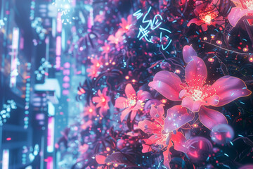 Elegant floral patterns intertwining with neon lights in a cyberpunk cityscape.