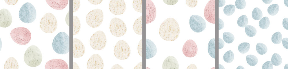 Watercolor set of seamless patterns. Collection of hand drawn pastel Easter eggs