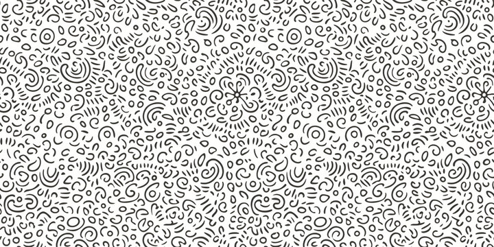 Black doodles on white background. Seamless repeated pattern background.