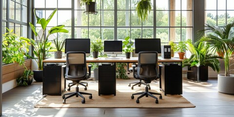 Two empty chairs in a lush green office space
