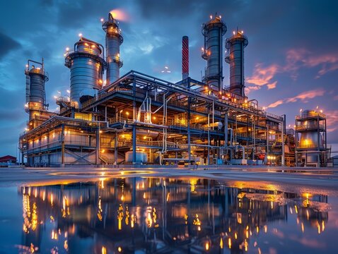b'Oil refinery at dusk with lights reflecting off water'