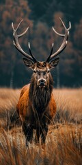 b'A majestic red deer stands in a field of tall grass'