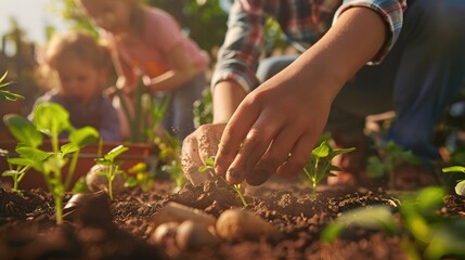 Family Gardening Together Planting Seedlings on a Sunny Day - Generative AI