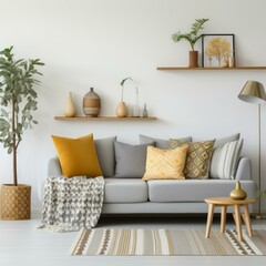 b'Warm and inviting living room with gray sofa, yellow pillows, and plants'