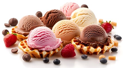 Various ice cream scoops on white background with assorted balls of vanilla, chocolate, strawberry and butterscotch icecream in waffles