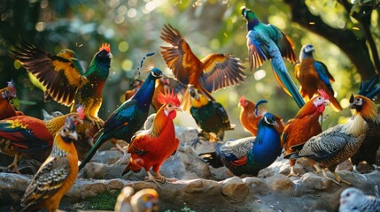 b'A variety of chickens and peafowl in a barnyard' - obrazy, fototapety, plakaty