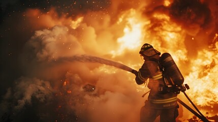 Fototapeta premium Courageous Firefighter Battles Raging Inferno: Symbol of Determination Under Pressure