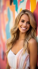 Naklejka premium b'Smiling Blonde Woman in Front of Colorful Wall'