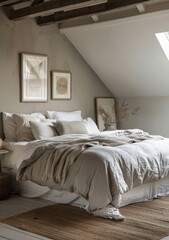 Fototapeta na wymiar Simple and elegant attic bedroom with neutral colors