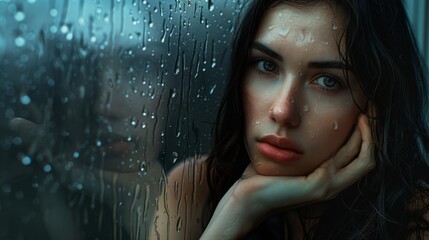 Woman Gazing Through a Rainy Window