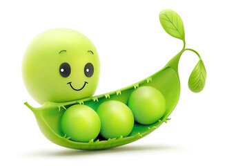 Smiling pea nestled in its pod with a sprouting leaf on white background - 794115910