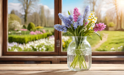 Bouquet of spring flowers in a glass vase on a wooden table against blurred springtime garden window background.Banner for design, display or montage your products.Generative AI