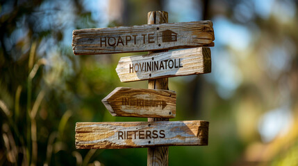 Wooden signpost with four arrows - ethics, honesty, integrity, respect - great for topics like business values