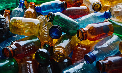 Heap of used empty multicolor plastic bottles, separate waste collection, environmental pollution