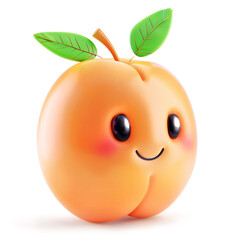Smiling anthropomorphic apricot with green leaves isolated on white