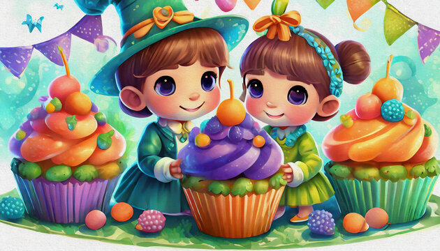 oil painting style CARTOON CHARACTER CUTE BABY small children eat Enchanting Halloween-Themed Cupcakes