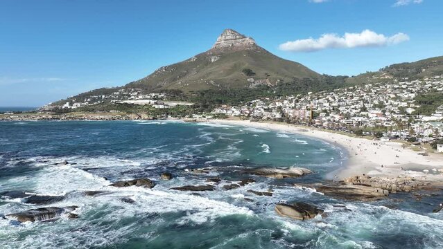 Aerial of Lions Head and Camps Bay below the Twelve Apostles, Cape Town, Western Cape, South Africa, Africa