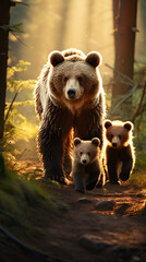 Bear family on a forest path, mother bear leading two cubs, serene natural setting, early morning light, wildlife family concept