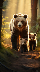 Obraz premium Bear family on a forest path, mother bear leading two cubs, serene natural setting, early morning light, wildlife family concept