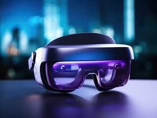 Detailed view of a VR headset lying on a modern, minimalist desk, with soft lighting and a futuristic interface visible on the screen inside the headset