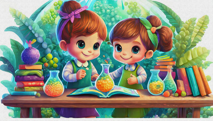 Fototapeta premium oil painting style CARTOON CHARACTER CUTE BABY small children are doing science experiments on a desk