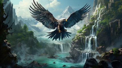 Hippogriff taking flight from a rocky cliff, powerful wings spread wide, epic fantasy landscape with cascading waterfalls in the background - obrazy, fototapety, plakaty